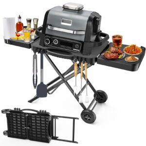 BBQMall 2-Wheels Portable Grill Table Stand for Ninja Woodfire OG701/OG850/OG951, Folding Camping Tailgating Table