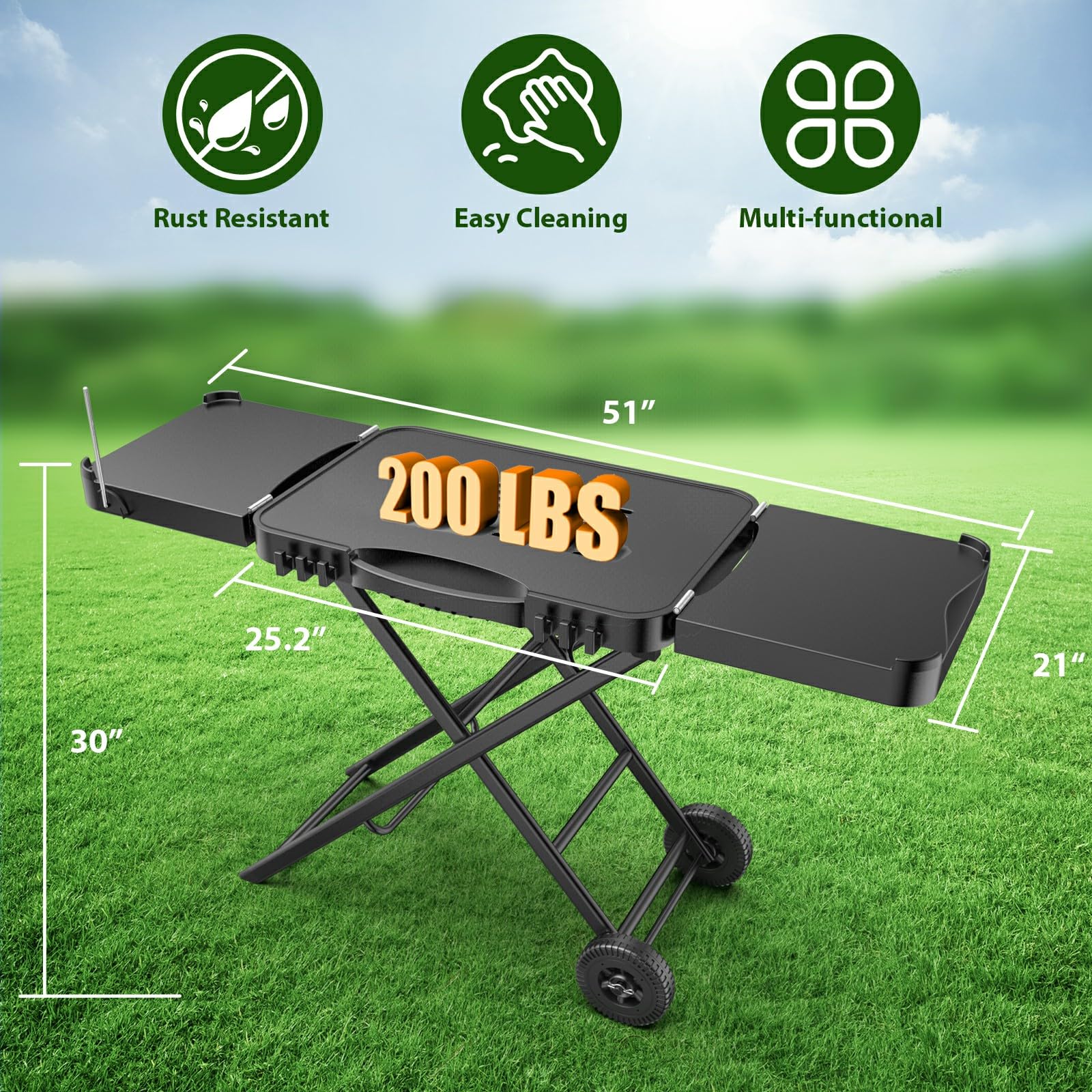 BBQMall 2-Wheels Portable Grill Table Stand for Ninja Woodfire OG701/OG850/OG951, Folding Camping Tailgating Table - Image 2